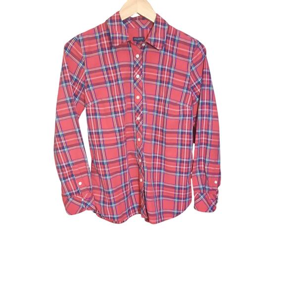 Talbots Womens Long Sleeve Red Cheerful Plaid Shirt Tail Top Size S - Picture 2 of 5